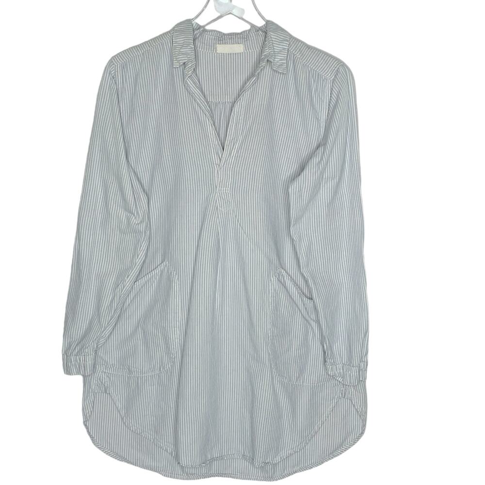 CP Shades XS Womens Oversized Cotton Popover Tunic Striped Blue White Pockets